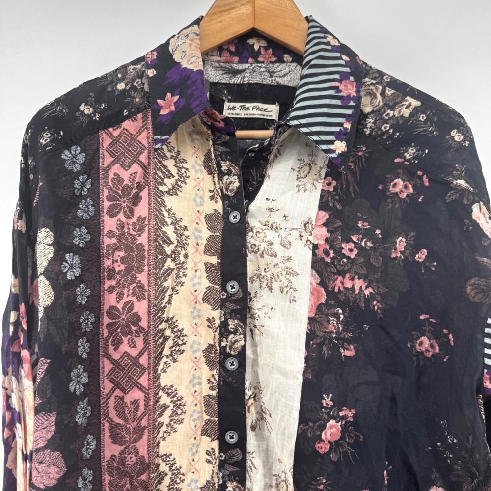 We The Free Mixed Floral Patchwork Button Down Shirt Black Pink XS Oversized